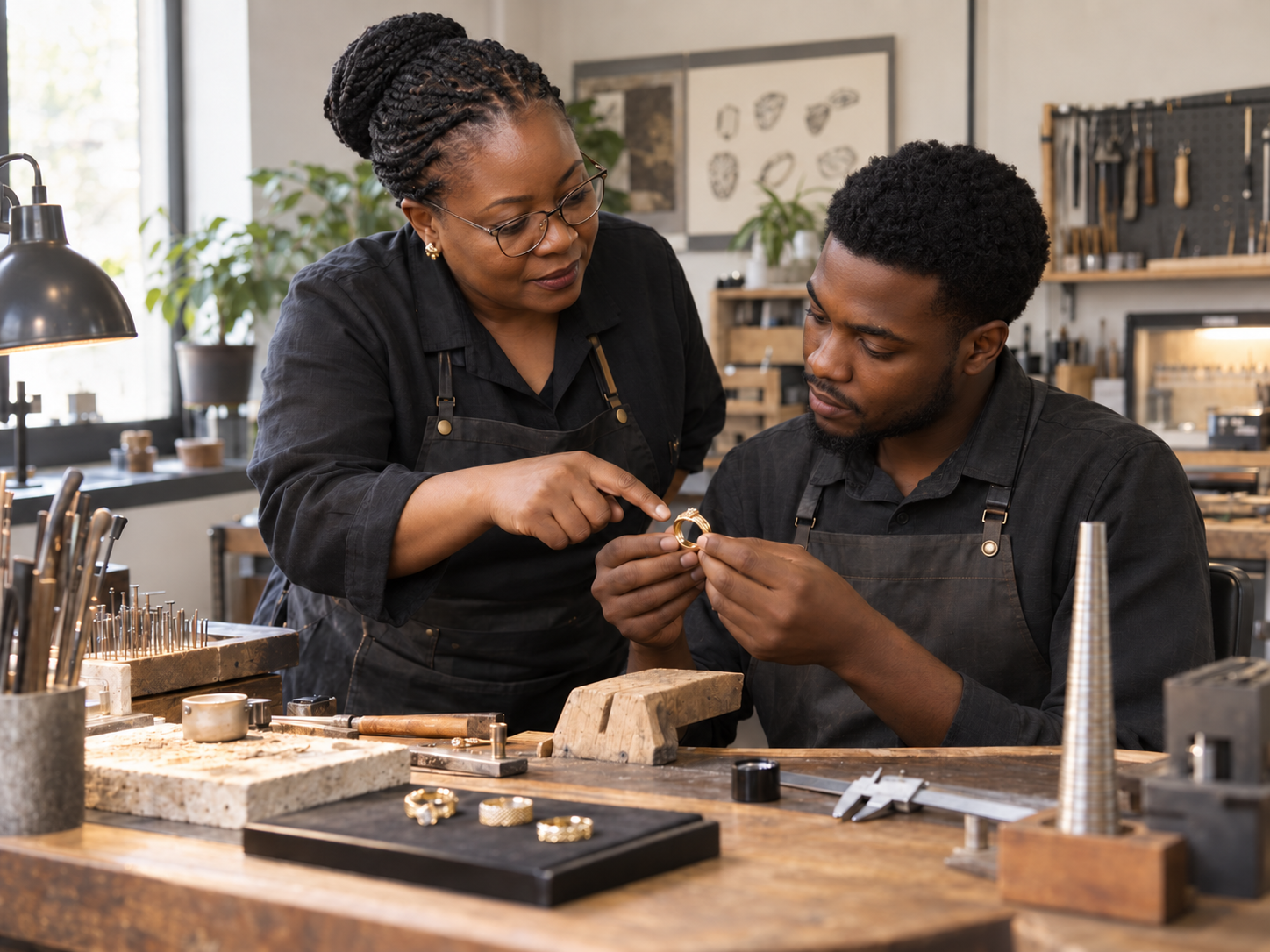 Experienced jewellery business owner mentoring an apprentice at a professional bench